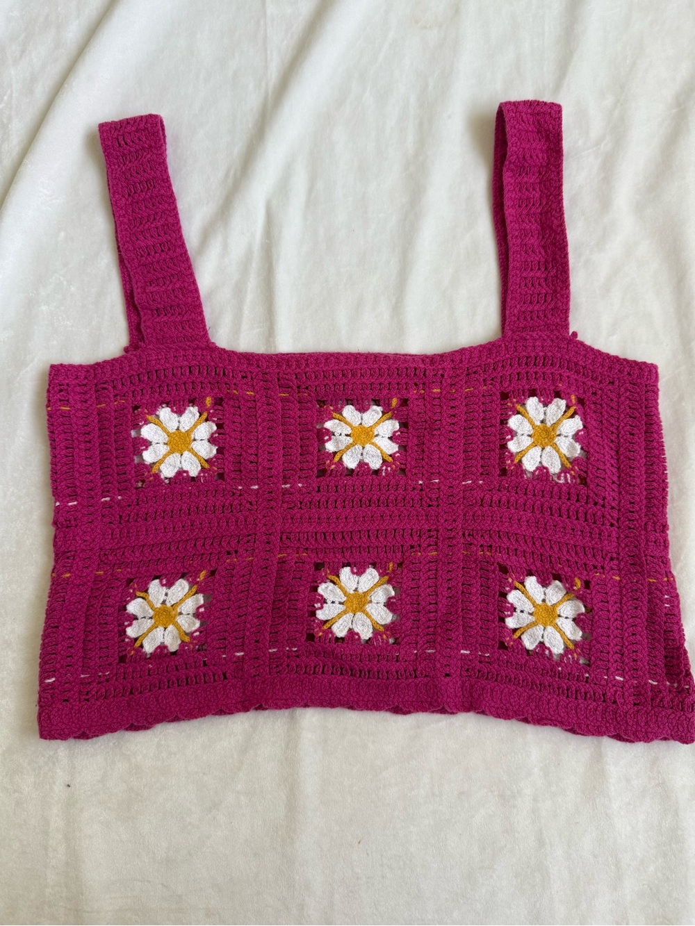 Rebellion Fuchsia Crochet Top with White and Yellow Floral Motif